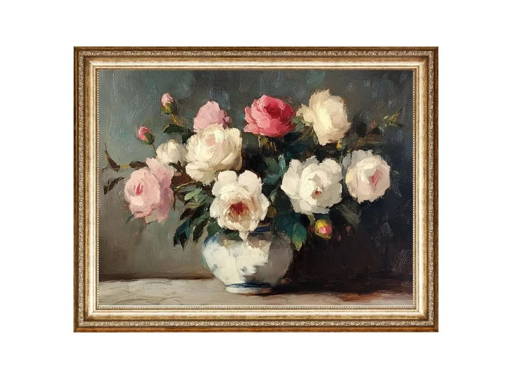 Pink and White Roses in a Vase, Cottagecore Oil Print
