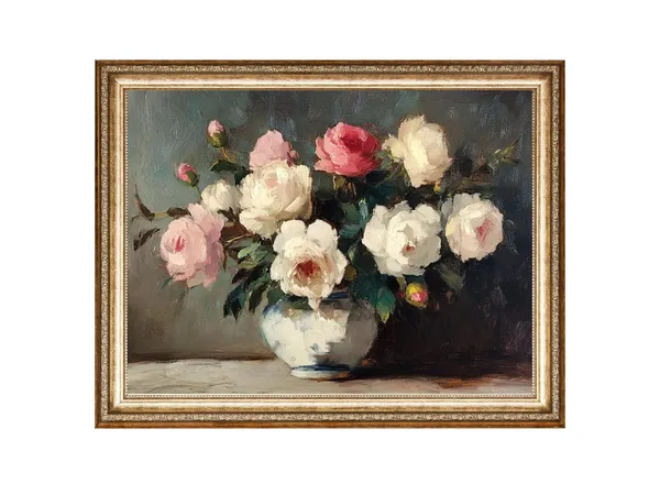 Pink and White Roses in a Vase, Cottagecore Oil Print