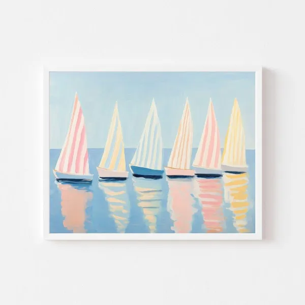 Pastel Striped Sailboats Coastal Summer Art Print