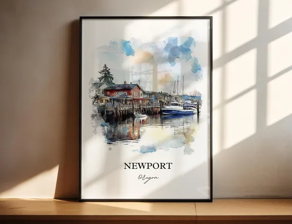 Newport, Oregon Watercolor Travel Poster, Yaquina Bay