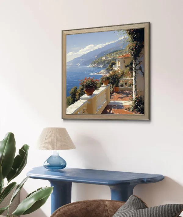 Romantic Mediterranean Coastal Terrace, Poster Print