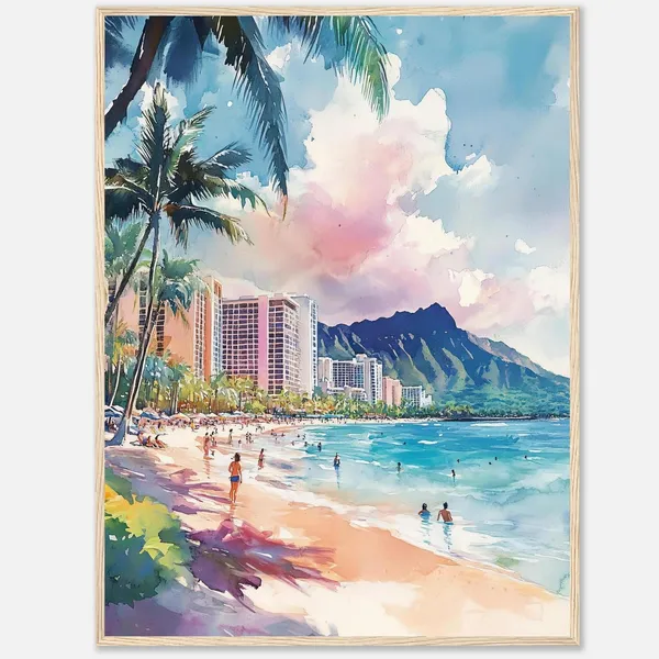 Honolulu Waikiki Beach Watercolor Travel Poster
