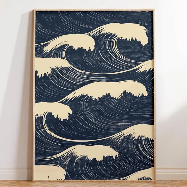 Edo Waves Japanese Ocean Art Print, Minimalist Ukiyo-E Style