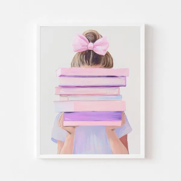 Girl Holding Pink Book Stack Art Print, Pastel Reading Nook