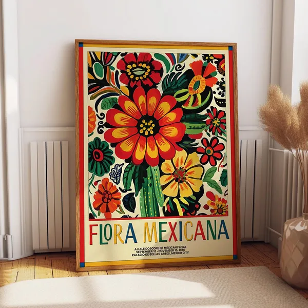 Flora Mexicana Colorful Folk Art Botanical Poster