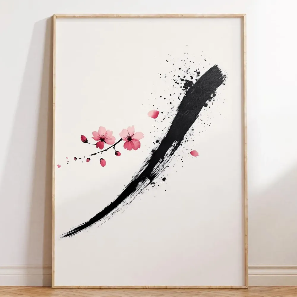 Zen Cherry Blossom Japanese Sumi-E Art Print, Japandi