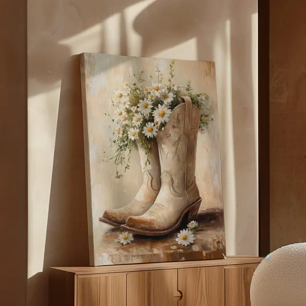 Vintage Cowboy Boots With Daisies, Rustic Farmhouse Art Print