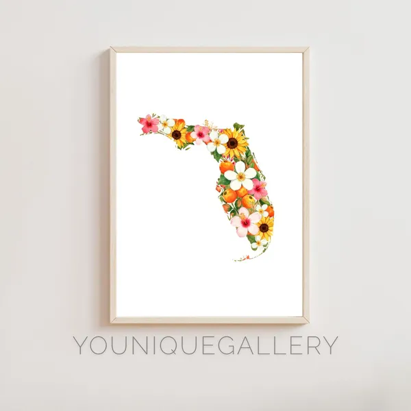 Florida Floral State Outline Watercolor Art Print