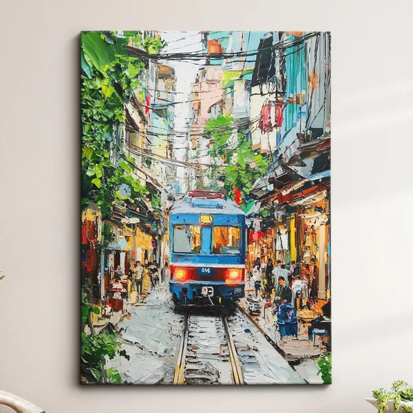 Hanoi Train Street Oil Painting Style Travel Poster