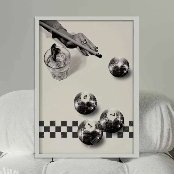 Billiards Print, Disco Ball 8 Retro Drinks Poster