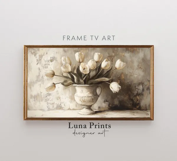 Spring Tulips, Neutral Vintage Floral Art Print