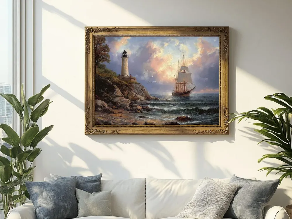 Sailing Ship Lighthouse Seascape, Vintage Art Print - Image 2