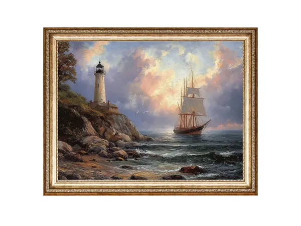 Sailing Ship Lighthouse Seascape, Vintage Art Print