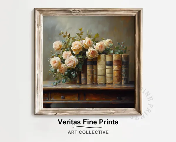 Antique Books and Yellow Roses, Vintage Cottagecore Art Print