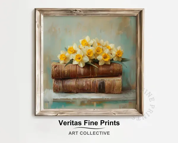 Vintage Daffodils and Antique Books, Cottagecore Art Print