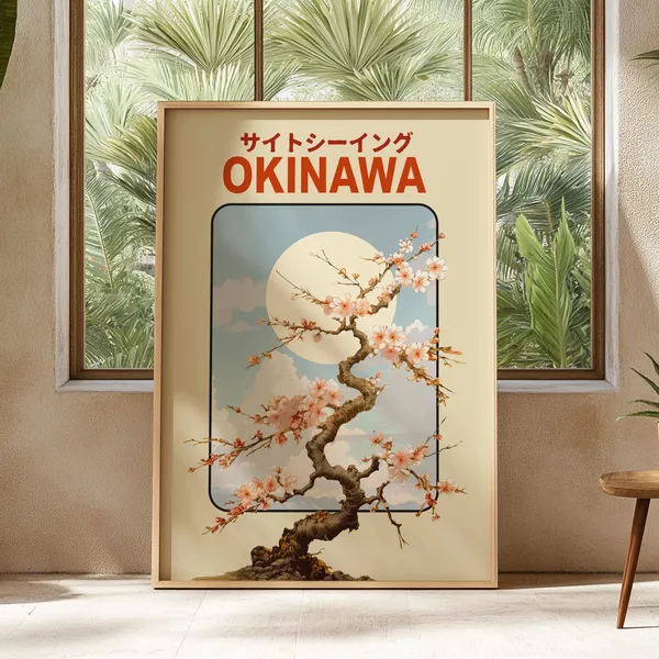 Okinawa Vintage Travel Poster, Japan Cherry Blossom