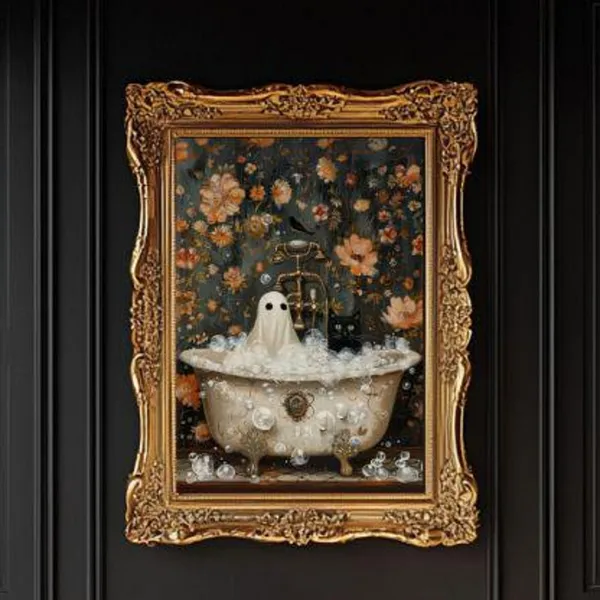 Ghost and Cat in Bathtub, Whimsigoth Halloween Poster