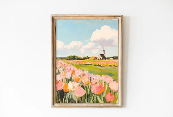 Vintage Mill With Pink Tulips Field Art Print