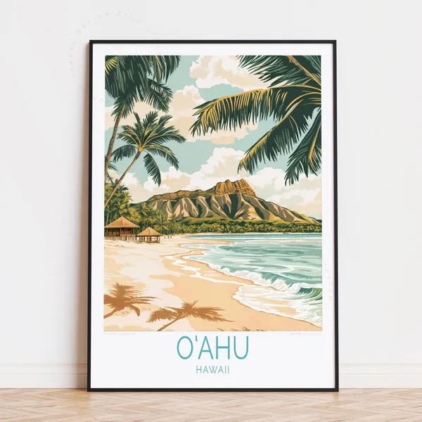 Oahu Hawaii Travel Poster, Housewarming Gift Art Print