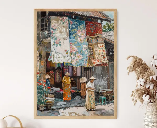 Yogyakarta Batik Vendor Scene Art Print, Indonesian
