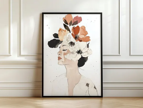 Neutral Portrait Of Woman With Flowers, Art Print