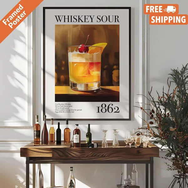 Vintage Whiskey Sour Cocktail Recipe, Bar Poster