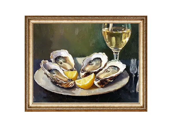Oysters, Lemon and White Wine Still Life Art Print