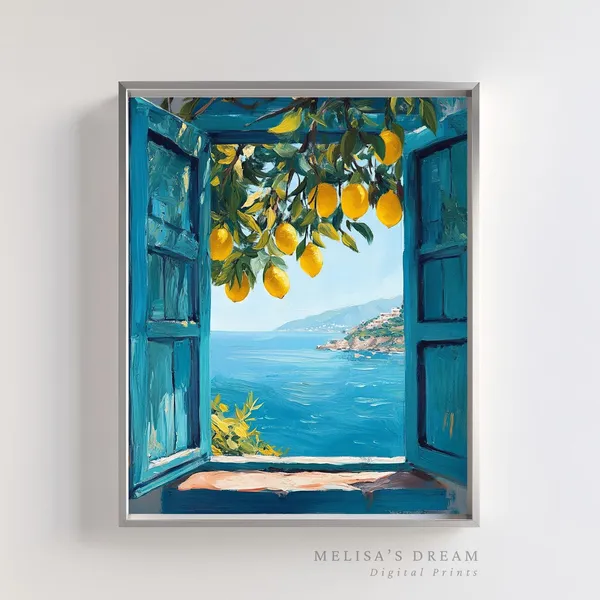 Mediterranean Window View Coastal Lemon Tree Poster