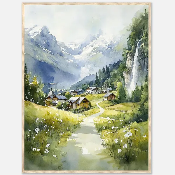 Grindelwald Watercolor Travel Poster, Swiss Village