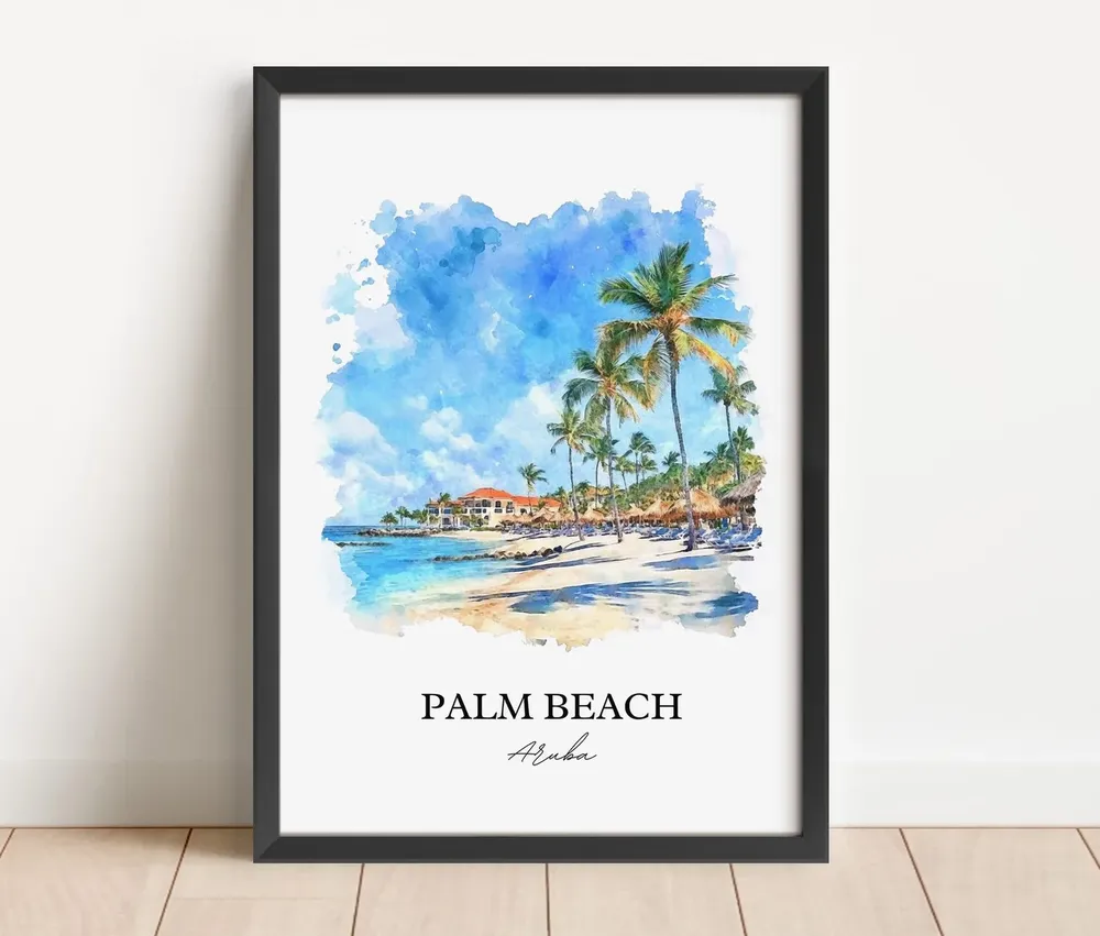 Palm Beach Aruba Watercolor Travel Poster, Oranjestad - Image 3