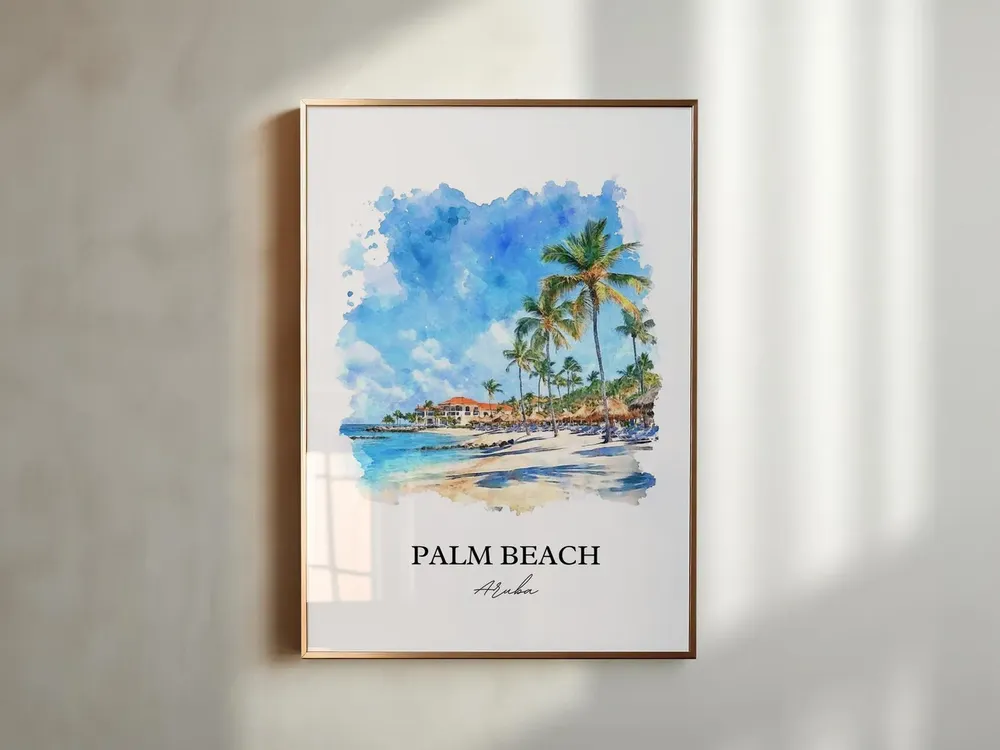Palm Beach Aruba Watercolor Travel Poster, Oranjestad - Image 4