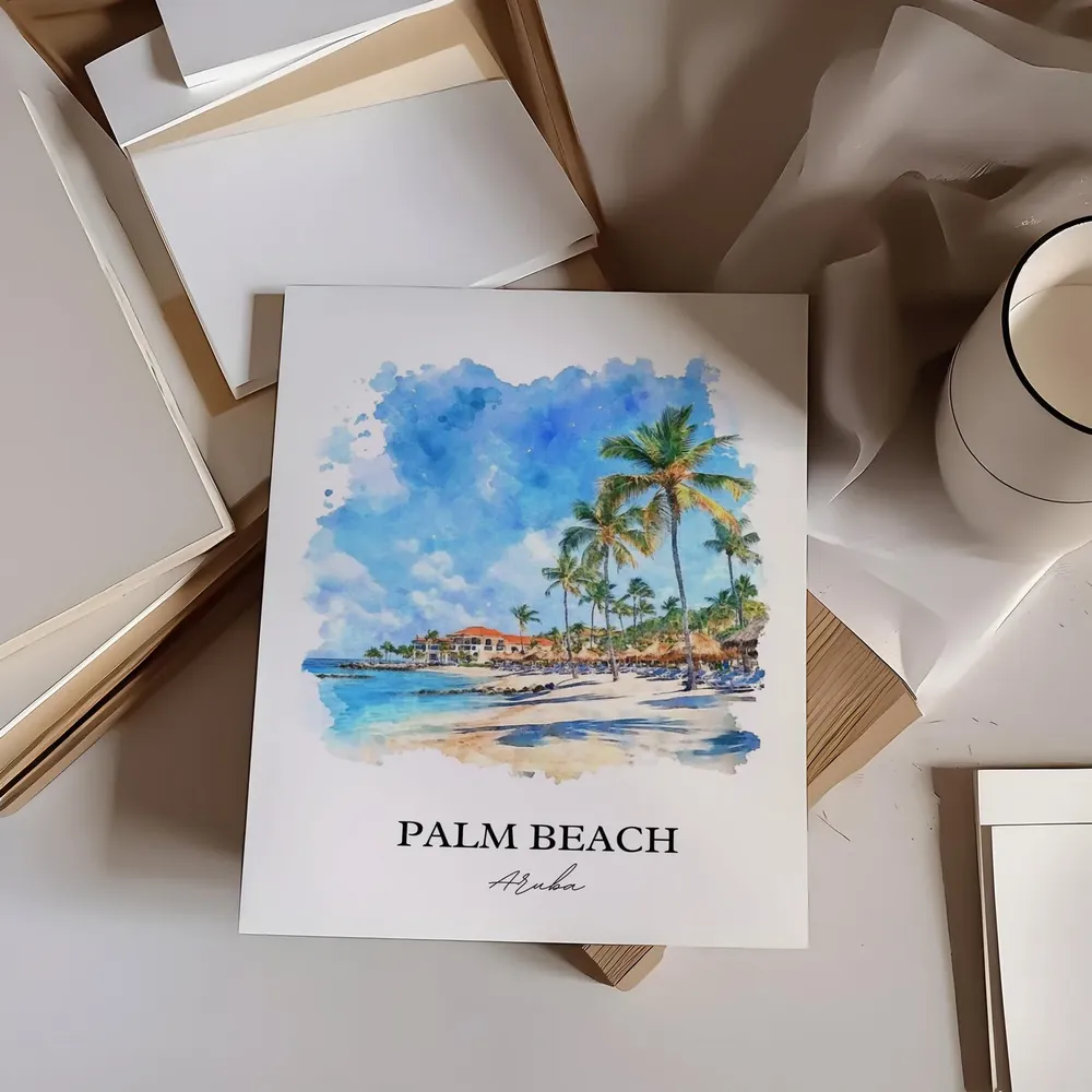 Palm Beach Aruba Watercolor Travel Poster, Oranjestad - Image 2