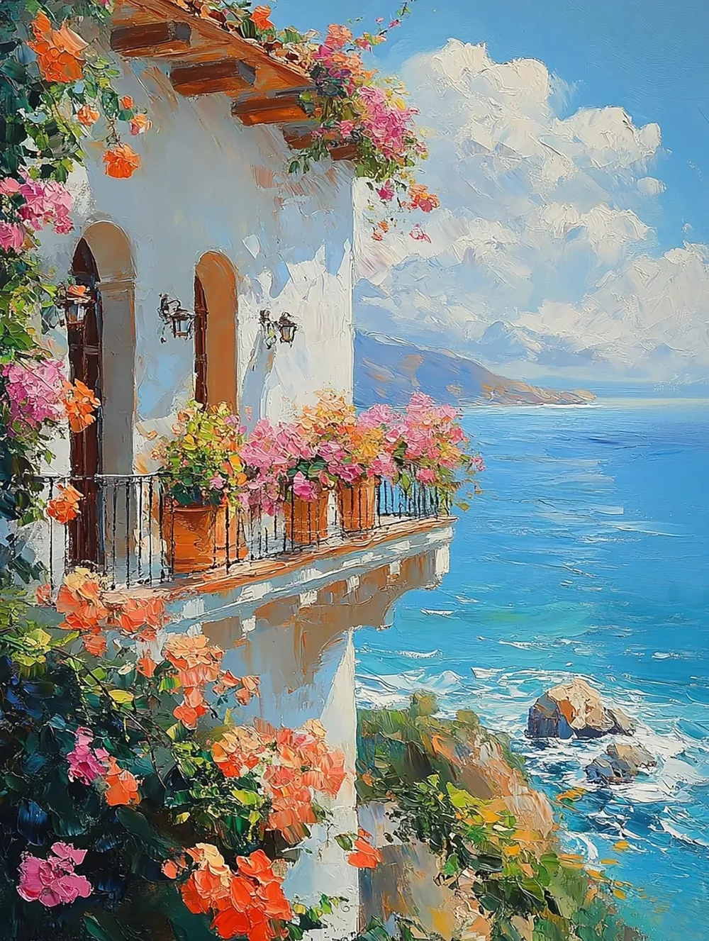 Mediterranean Balcony, Impressionist Coastal Art Print - Image 2