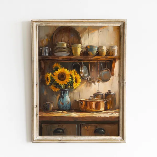 Farmhouse Kitchen Wall Art, Sunflower Oil Painting Print
