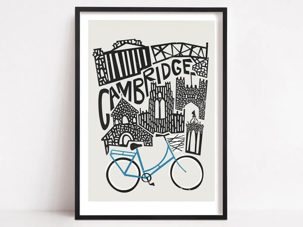 Cambridge City Travel Poster, Mid-Century Bicycle Art