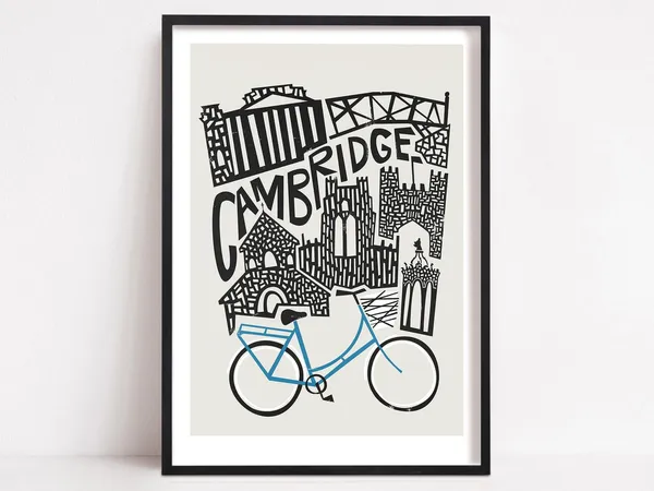 Cambridge City Travel Poster, Mid-Century Bicycle Art