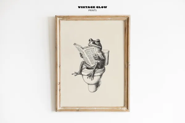 Retro Frog On Toilet Poster, Quirky Bathroom Decor