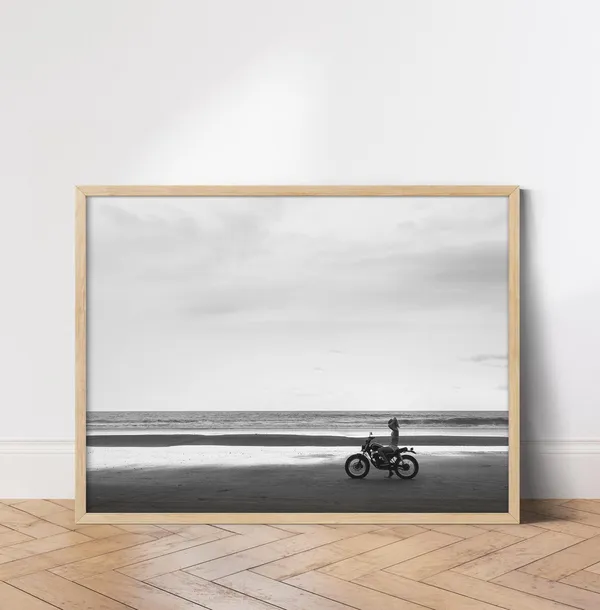 Girl Motorcycle - Minimalist Beach Art Print