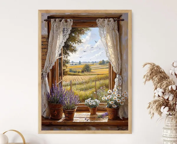 Cottagecore Window View Floral Curtain Art Print
