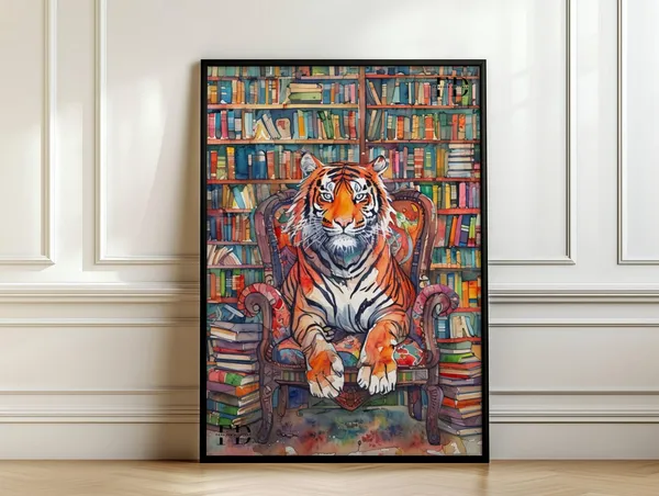 Library Wall Art, Funny Animal Watercolor Poster