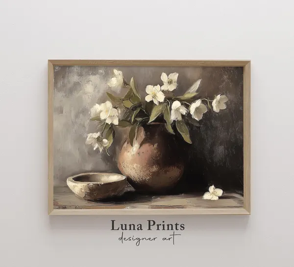 Neutral Spring Floral Painting, Moody Flower Art Print