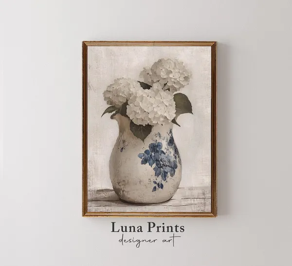 Blue and White Floral Painting Hydrangeas Art Print