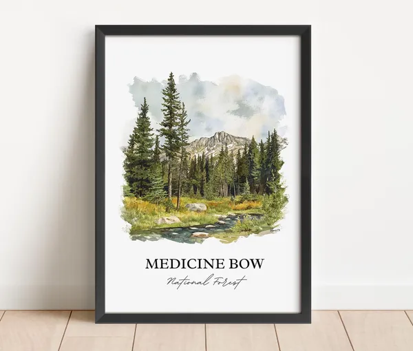Medicine Bow, Wyoming Watercolor Forest Travel Poster