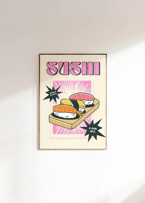 Sushi Retro Poster, Vintage Preppy Kitchen Art Print