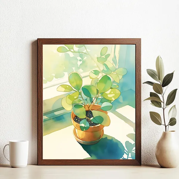 Green Leaf Plant Pot Near The Window, Watercolor