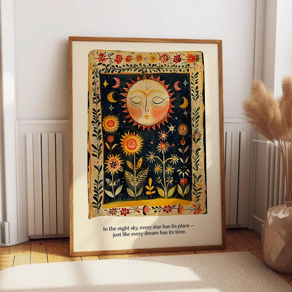 Folk Art Celestial Sun And Moon Poster, Bohemian Astrology