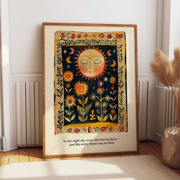 Folk Art Celestial Sun And Moon Poster, Bohemian Astrology