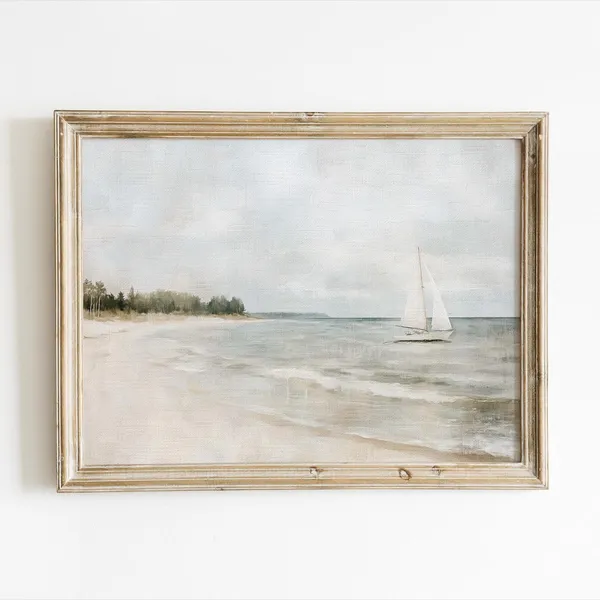 Sailboat Ocean Landscape Print, Minimalist Beach