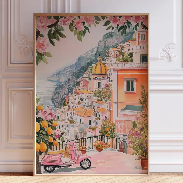 Pink Amalfi Coast Watercolor Travel Poster, Positano