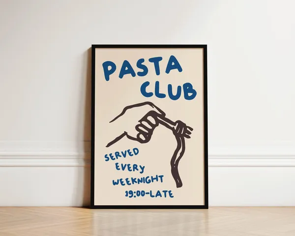 Pasta Club Kitchen Poster, Hand Drawn Blue Print
